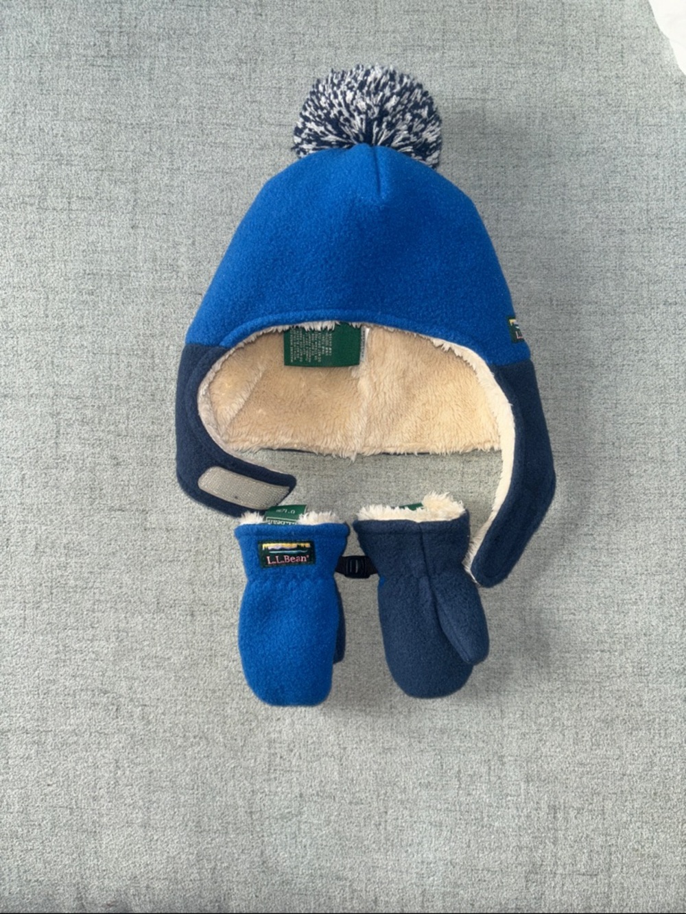 L.L. Bean Kids Blue Fleece Pom Hat and Mittens Set